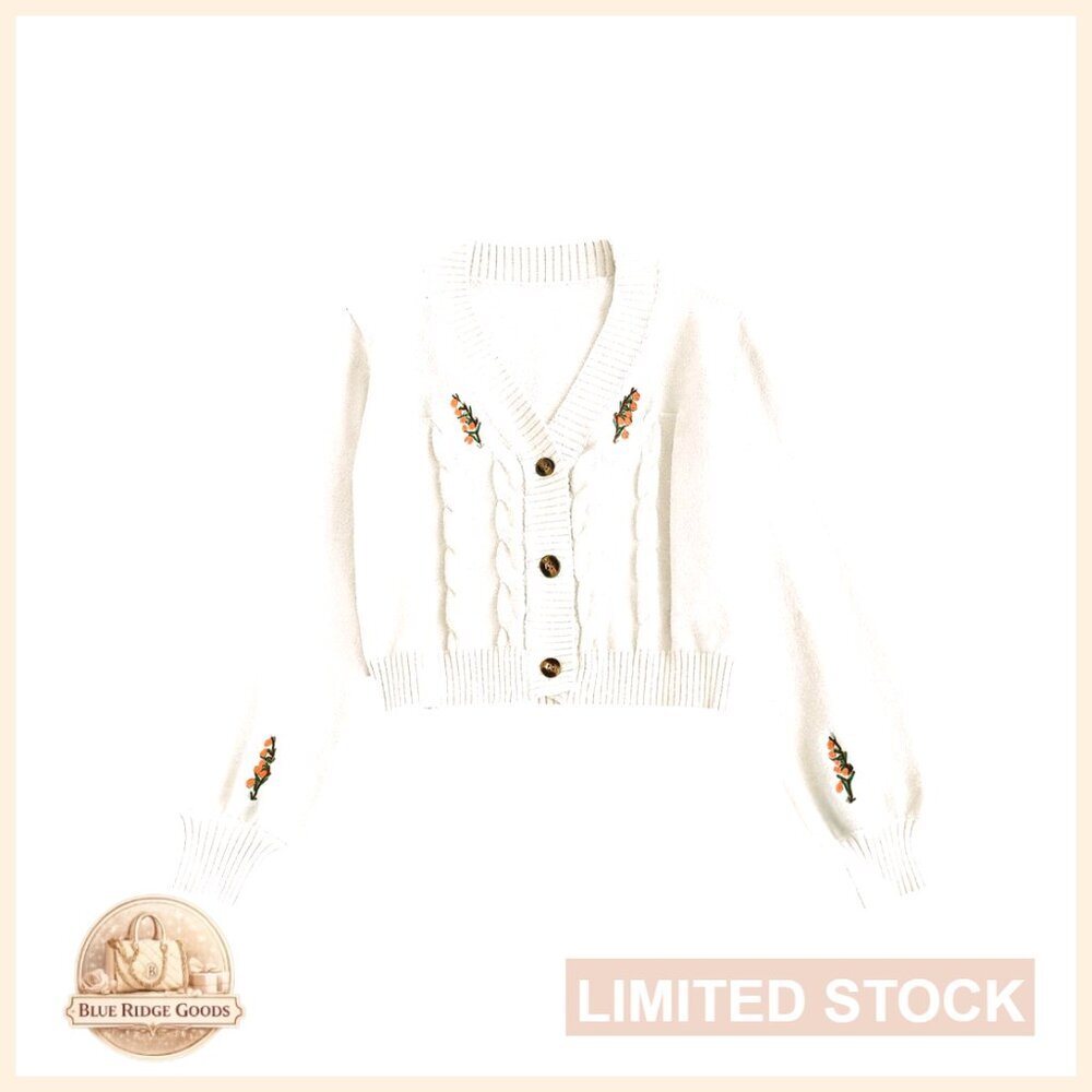 Button Up Embroidered Cable Knit Cardigan V Neck Long Sleeve Cropped Sweater